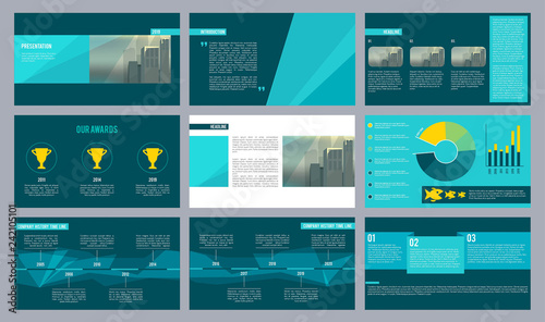 Business presentation template. Magazine pages or slideshow with abstract geometry shapes and place for text vector design. Illustration of annual presentation company, timeline and award