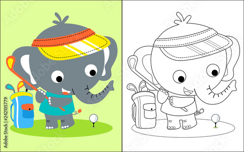 Vector illustration of coloring book with little elephant cartoon the golf player