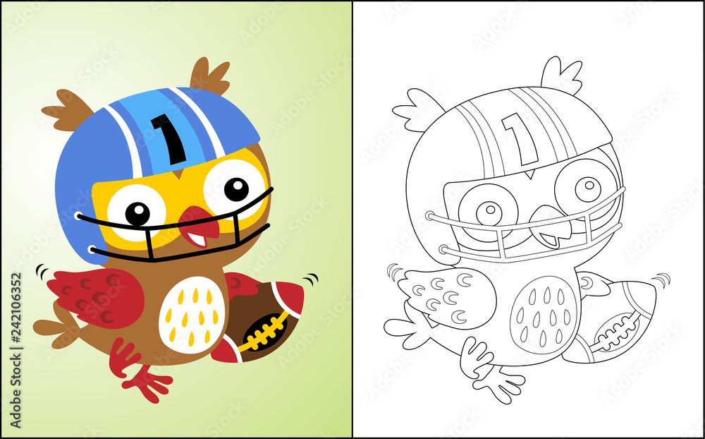 coloring book or page with owl cartoon the rugby player