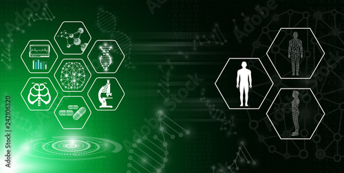 abstract background technology concept in green light,human body heal,technology modern medical science in future and global international medical with tests analysis clone DNA human