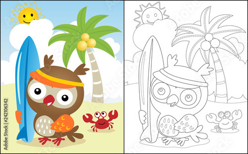 coloring book or page with cute owl in the beach