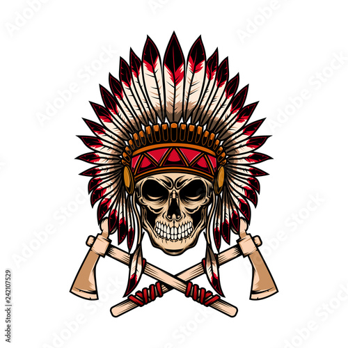 Native indian chief skull with crossed tomahawks on white background. Design element for logo, label, emblem, sign.