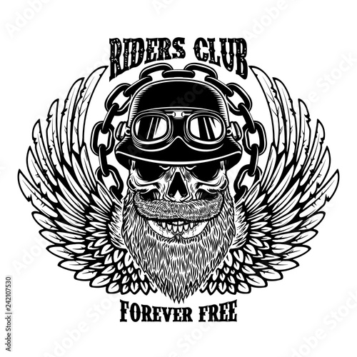 Riders club. Vintage biker emblem with winged racer skull.