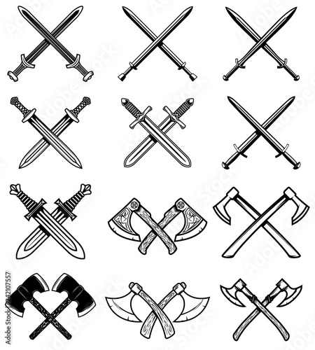 Set of ancient weapon. Knight swords, axes. Design element for logo, label, emblem, sign.