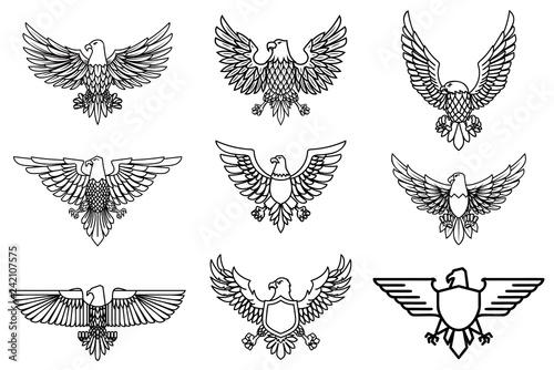 Set of eagle icons isolated on white. Design element for logo, label, emblem, sign.