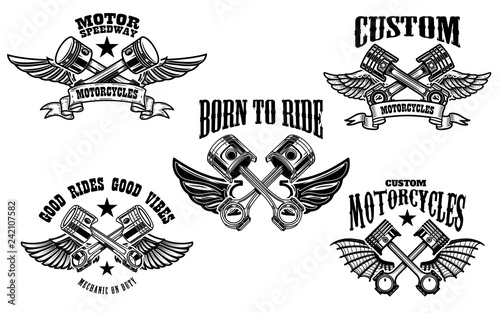 Set of winged motorcycle and car pistons. Design element for logo, label, emblem, sign.