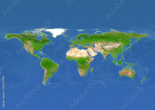 2D illustration of the map of the world in relief depiction with europe in the centre, versions including borders and meridians