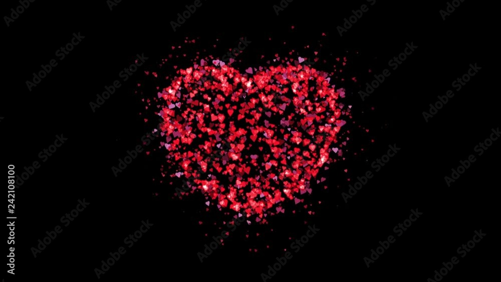 3D heart made of small hearts exploding outwards isolated on black background. Concept of love, passion, Valentine's day, wedding