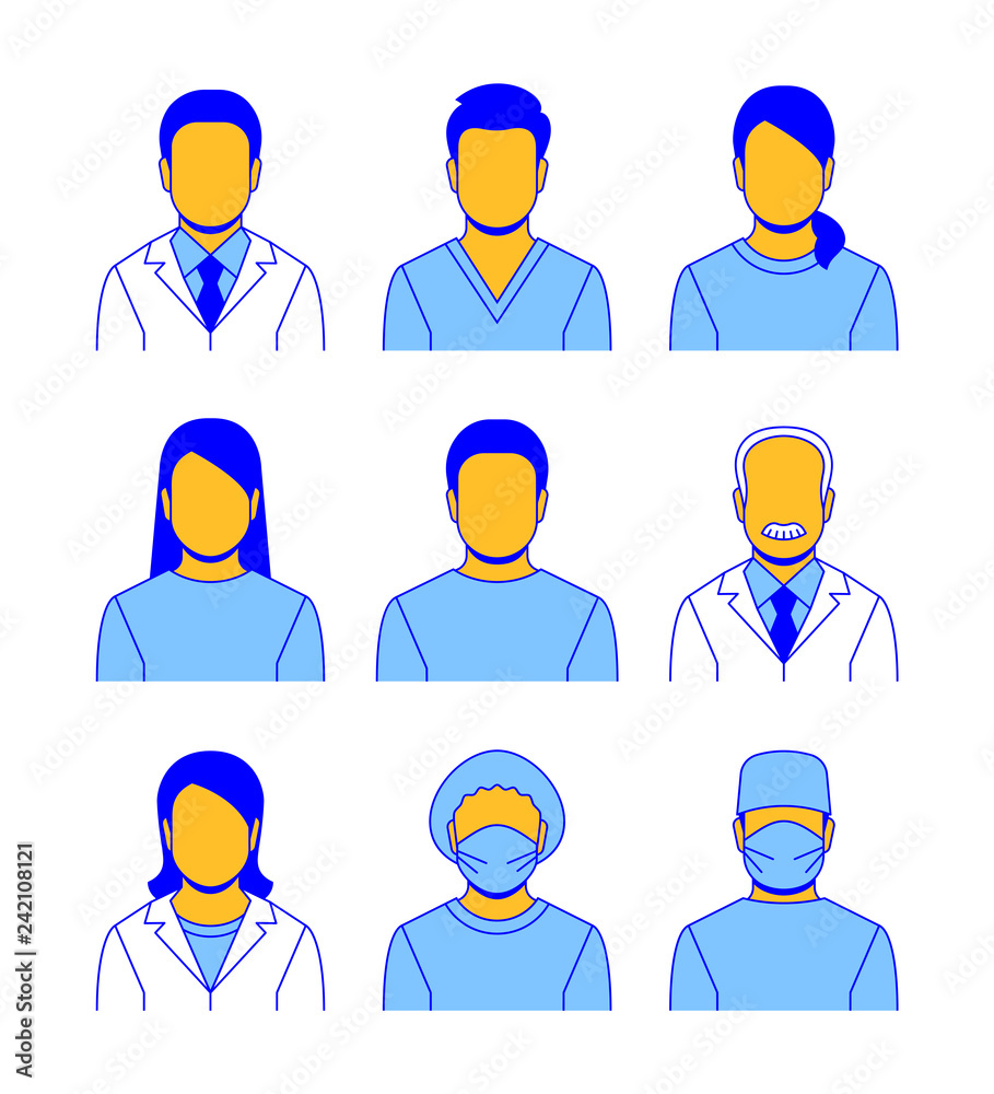 Medical staff vector flat line avatars. Hospital specialists icons ...