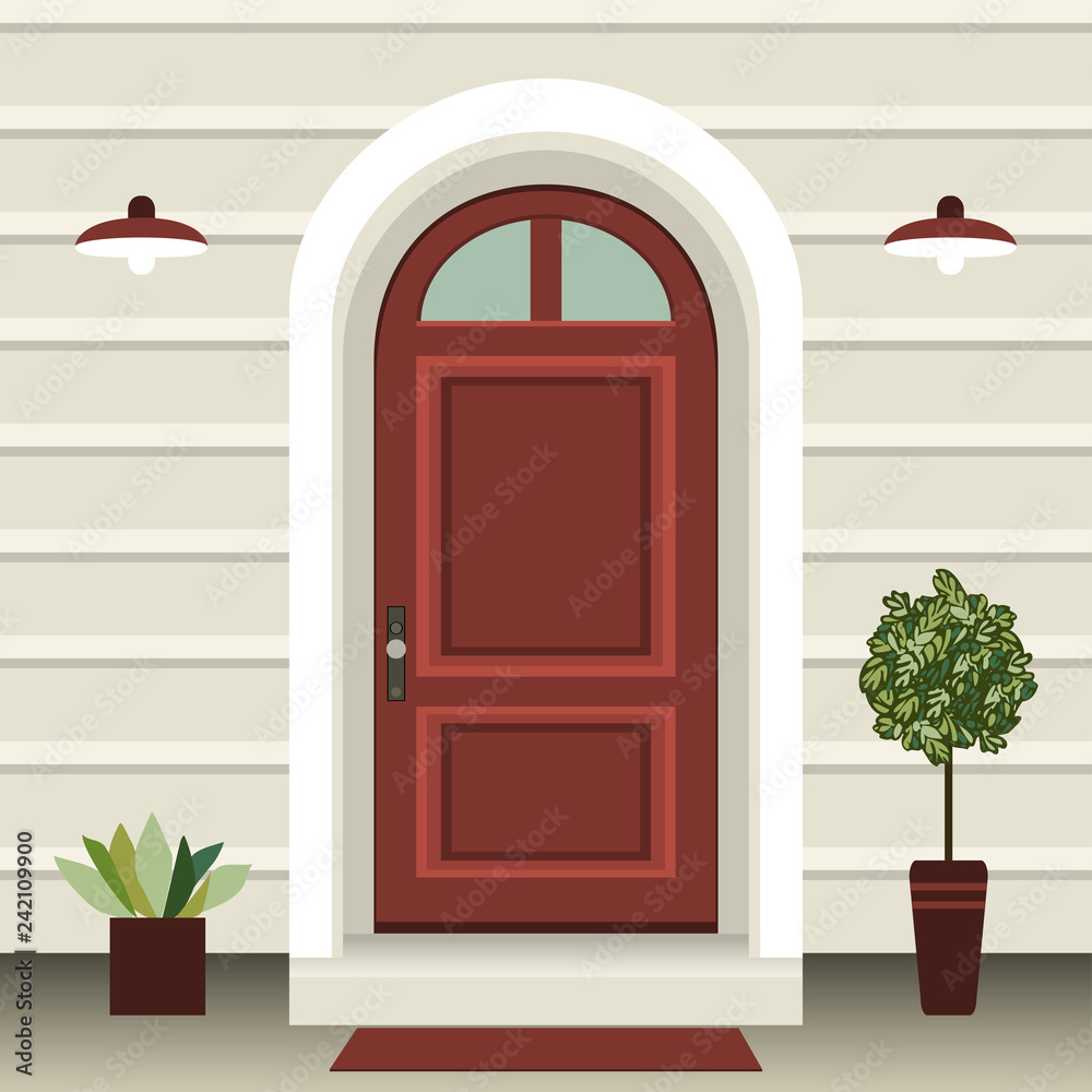 House door front with doorstep and steps porch, window, lamp, flowers in  pot, building entry facade, exterior entrance design illustration vector  flat style Stock Vector