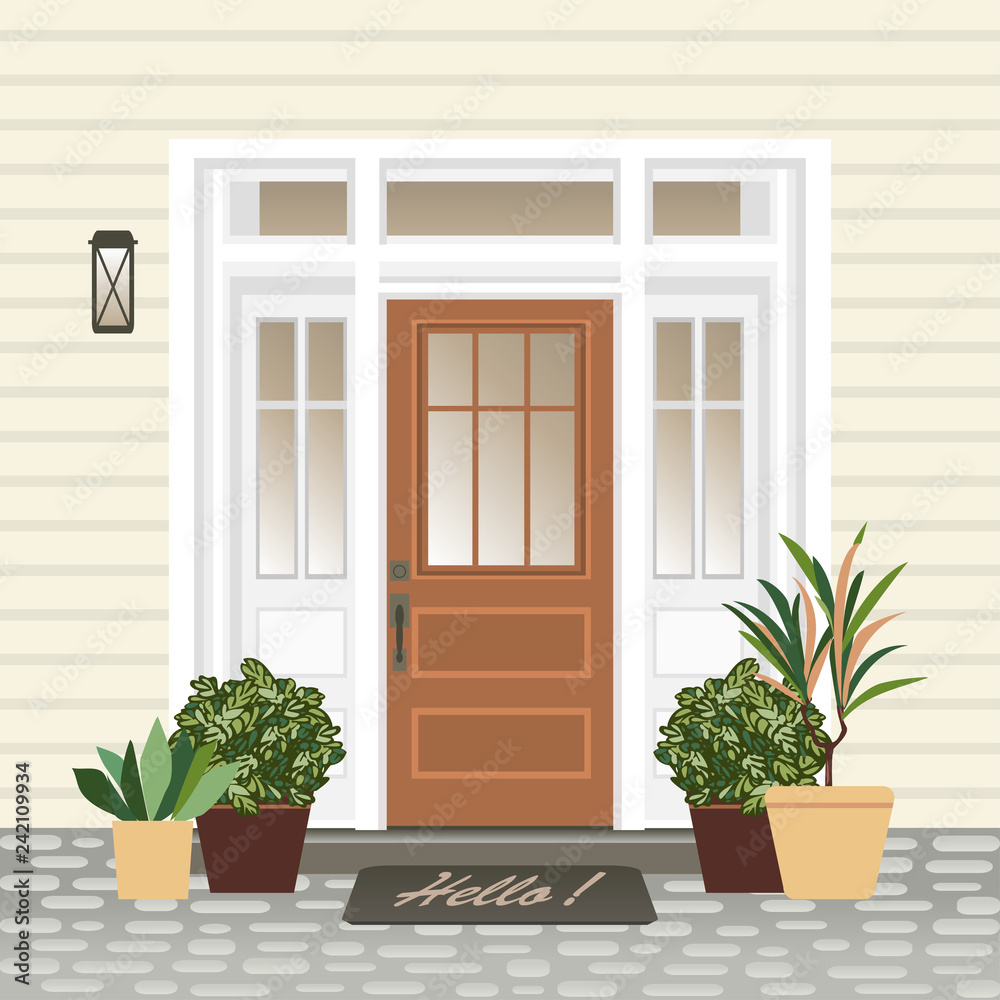 House door front with doorstep and steps window Vector Image