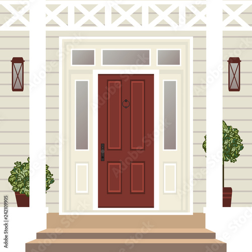 House door front with doorstep and steps, window, lamp, flowers in pot, building entry facade, exterior entrance design illustration vector in flat style