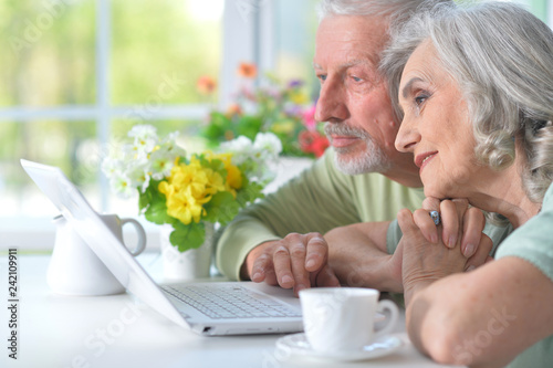 Close-up portrait of happy senior couple with laptop