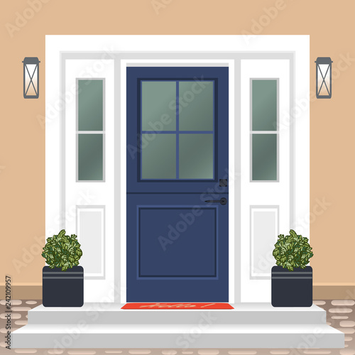 House door front with doorstep and mat  steps  window  lamp  flowers in pot  building entry facade  exterior entrance design illustration vector in flat style