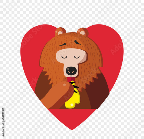 Cute cartoon bear eating honey inside of red heart on transparent background.