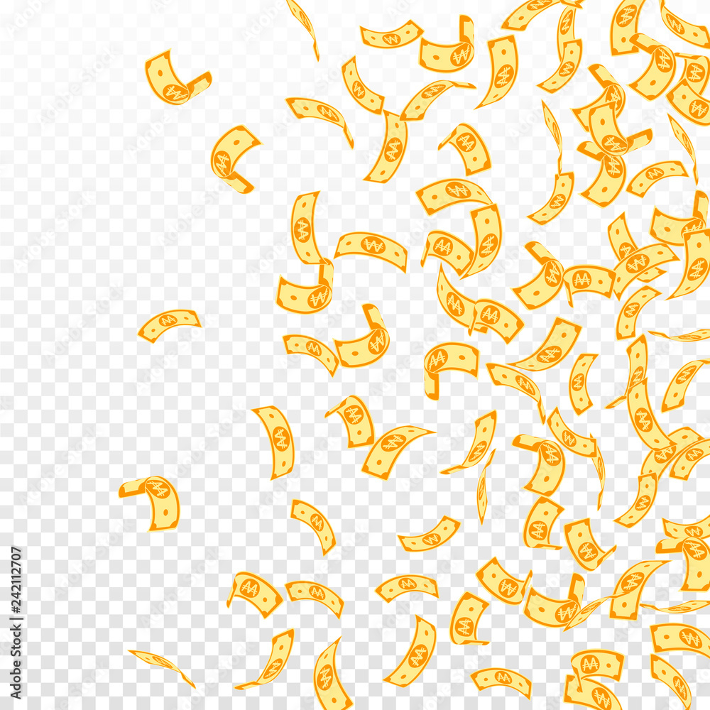 Korean won notes falling. Sparse WON bills on tran Korean won notes falling. Sparse WON bills on tran