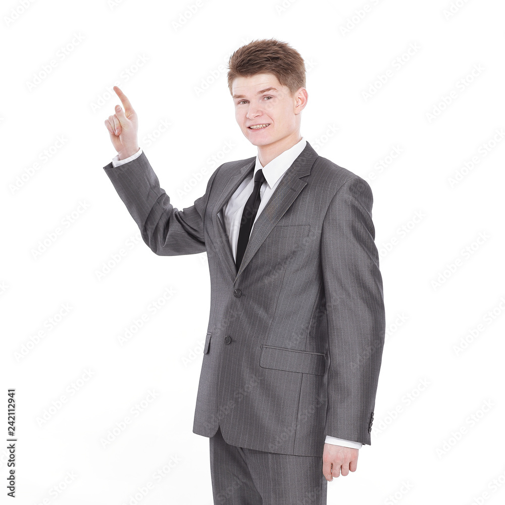 businessman pointing up on copy space. isolated on a white background. businessman pointing up on copy space. isolated on a white background.