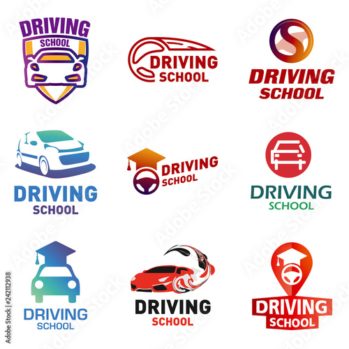 Set of vector logos driving school, car