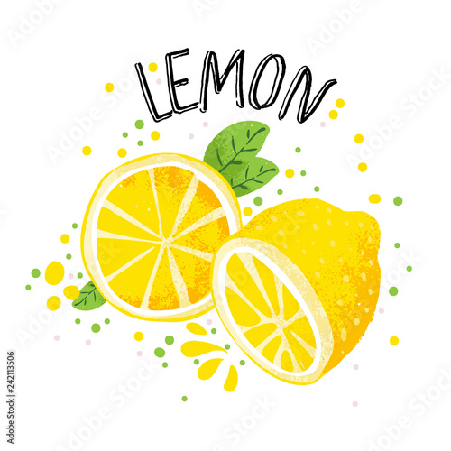Vector hand draw lemon illustration. Half and slice of lemons with juice splashes isolated on white background. Textured yellow citrus sketch, juice citrus fruit with word Lemon on top. Fresh ripe