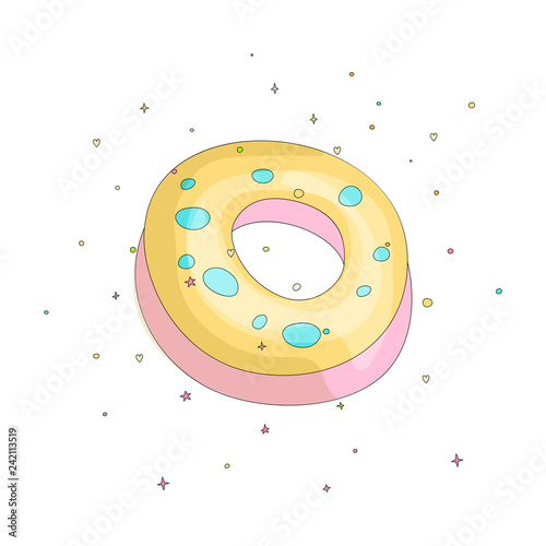 Sweet yellow donut cartoon icon with colorful decoration. Vector icon cartooning tasty donut with hole. Sweet pink round donute with decoration on white background.