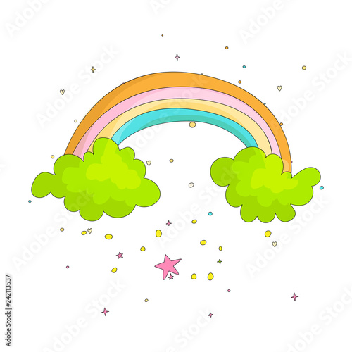 Cute cartoon rainbow on two green clouds icon. Colored funny rainbow and two clouds with decoration on white background. Cartoon green clouds and star with colored rainbow.