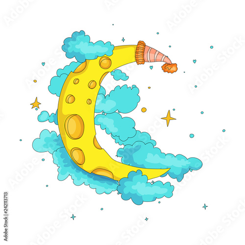 Fun cartoon yellow crescent moon with cap among the stars and clouds icon. Yellow magic crescent moon with decoration on white background. Magical yellow crescent moon in dreams vector icon.