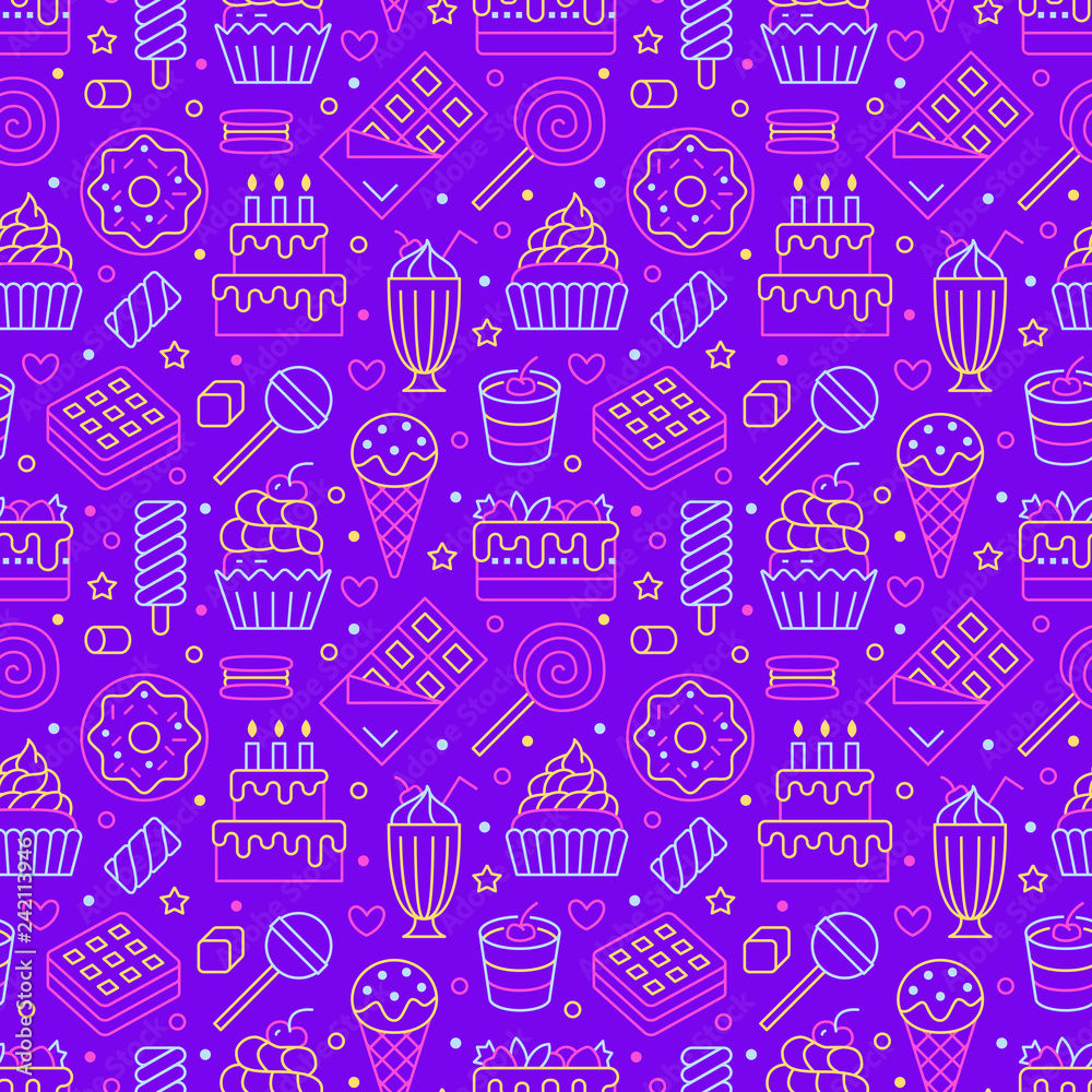 Sweet food seamless pattern with flat line icons. Pastry vector illustrations - lollipop, chocolate bar, milkshake, cookie, birthday cake, candy shop. Cute purple background for confectionery