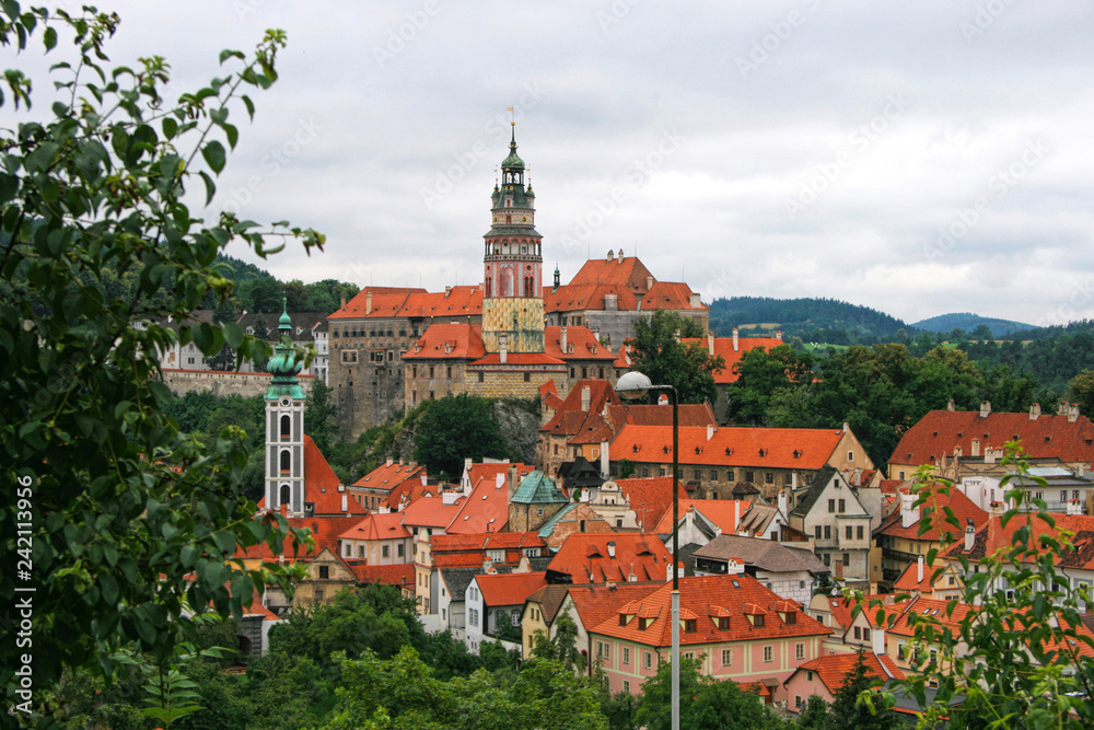 Beautiful view at the Castle Tower of the old bohemian little town Czech Krumlov
