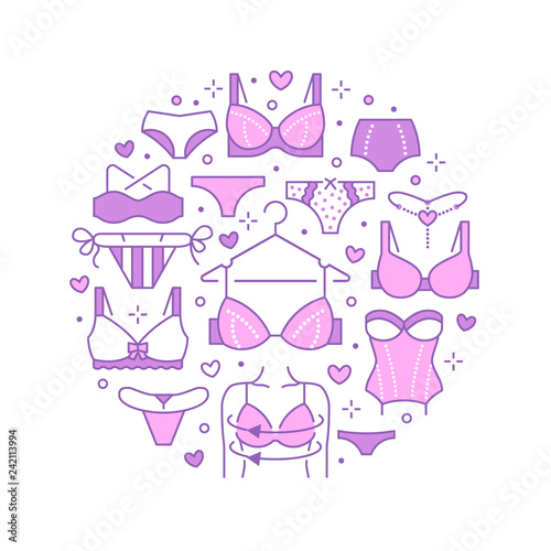 Lingerie circle poster with flat line icons of bra types, panties. Woman underwear background, vector illustration of brassiere, bikini, swimwear. Cute pink white concept for clothes store brochure