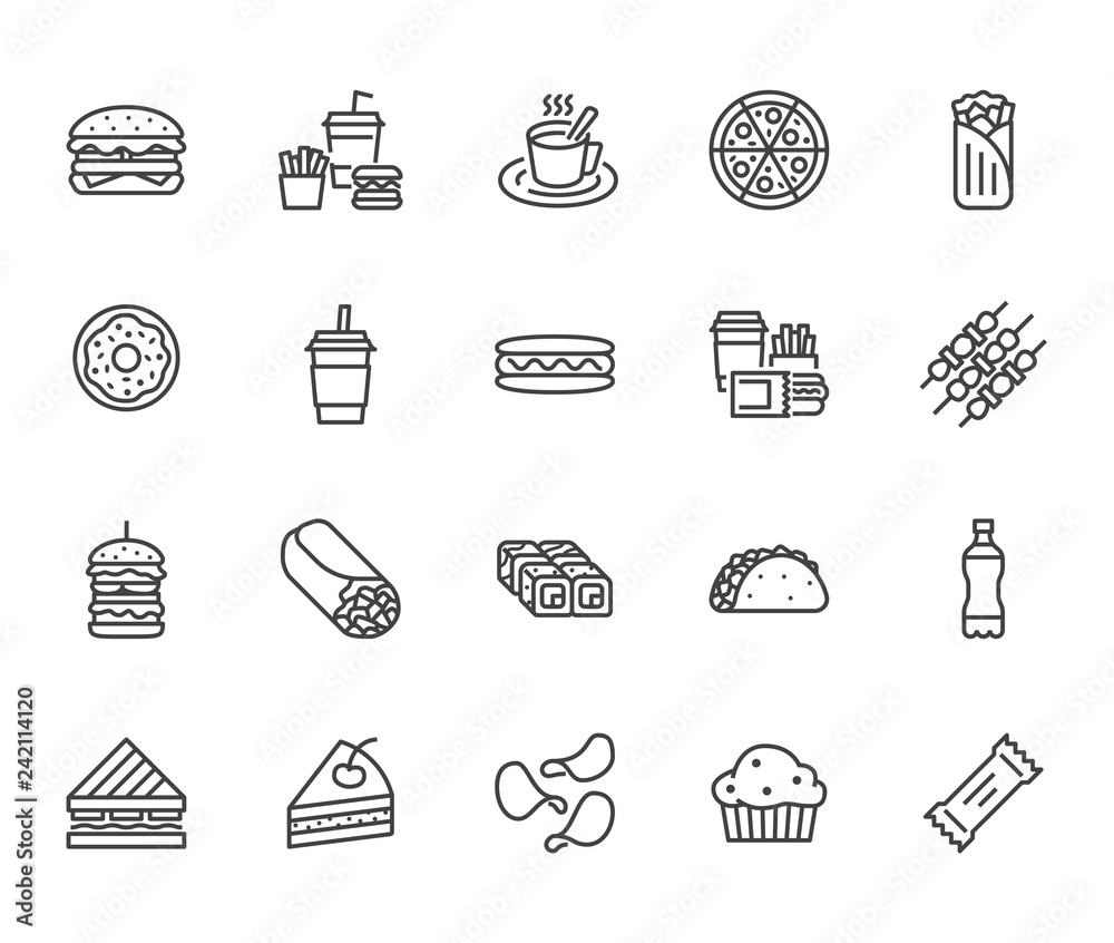 Junk food flat line icons set. Burger, fast snacks, sandwich, french fries, hot dog, mexican burrito, pizza vector illustrations. Thin signs for restaurant menu. Pixel perfect 64x64. Editable Strokes