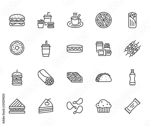 Junk food flat line icons set. Burger, fast snacks, sandwich, french fries, hot dog, mexican burrito, pizza vector illustrations. Thin signs for restaurant menu. Pixel perfect 64x64. Editable Strokes