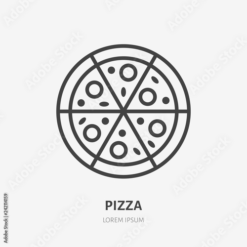 Pizza flat line icon. Vector thin sign of italian fast food cafe logo. Pizzeria illustration