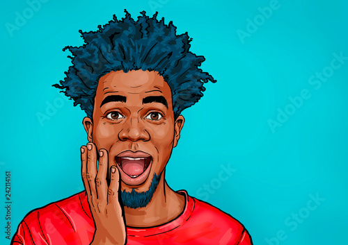 Portrait of black man  says wow with open mouth to see something unexpected. Shocked  guy with surprised expression. Emotions concept