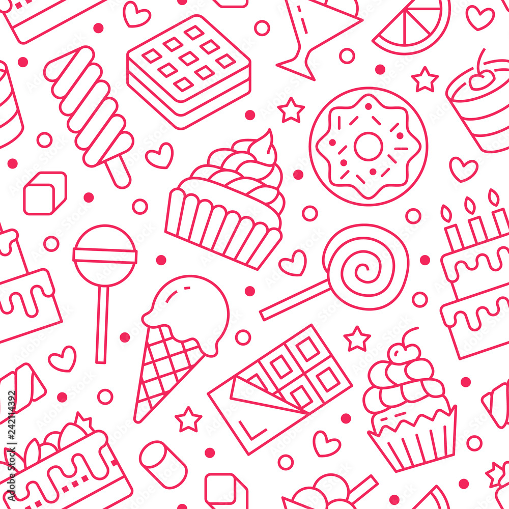 Sweet food seamless pattern with flat line icons. Pastry vector illustrations - lollipop, chocolate bar, milkshake, cookie, birthday cake, candy shop. Cute pink white background for confectionery
