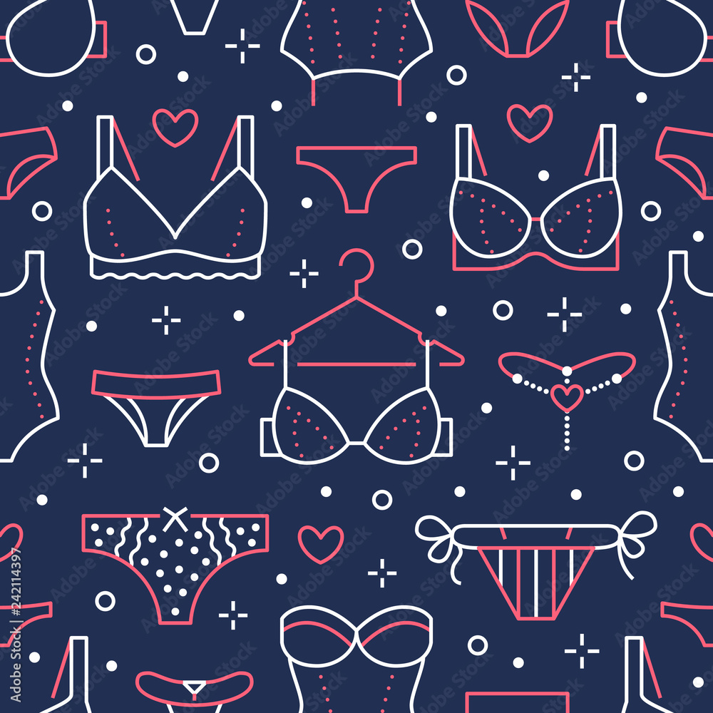 Lingerie seamless pattern with flat line icons of bra types, panties. Woman  underwear background, vector illustrations of brassiere, bikini, swimwear.  Cute blue white wallpaper for clothes store Stock-Vektorgrafik | Adobe Stock