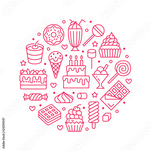 Sweet food round poster with flat line icons. Pastry vector illustrations lollipop, chocolate bar, milkshake, ice cream, birthday cake, donut, candy shop. Cute pink circle brochure for confectionery
