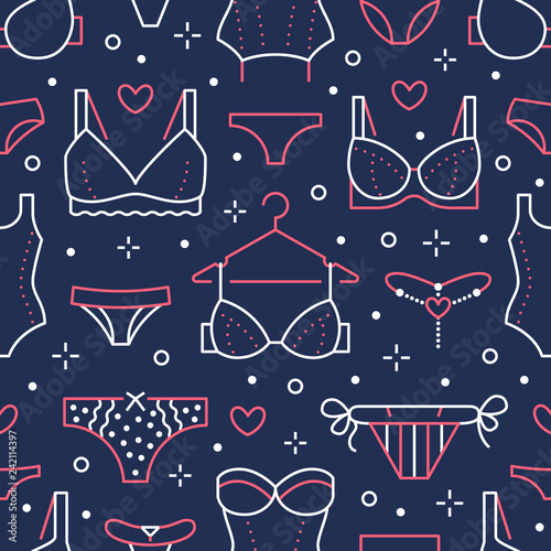 Lingerie seamless pattern with flat line icons of bra types, panties. Woman underwear background, vector illustrations of brassiere, bikini, swimwear. Cute blue white wallpaper for clothes store