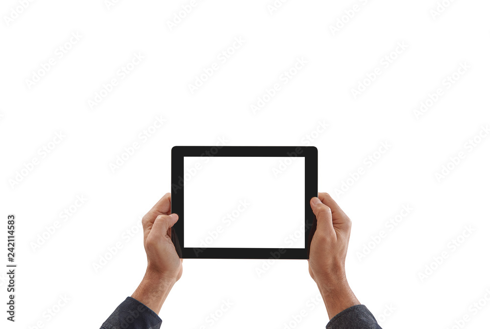 Man is holding tablet horizontal style, hand holding taking a photo, isolated screen white background. Man is holding tablet horizontal style, hand holding taking a photo, isolated screen white background.
