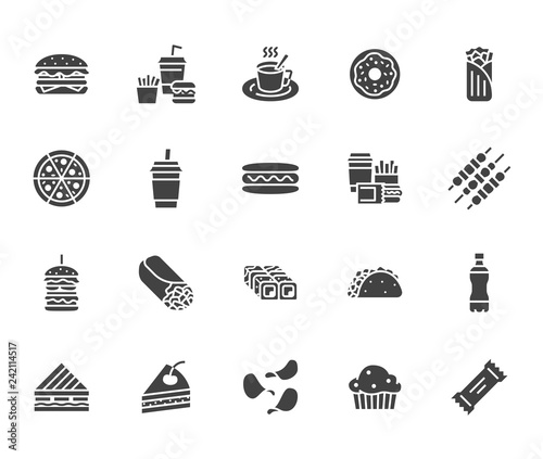 Junk food flat glyph icons set. Burger, fast snacks, sandwich, french fries, hot dog, mexican burrito, pizza vector illustrations. Signs for restaurant menu. Solid silhouette pixel perfect 64x64