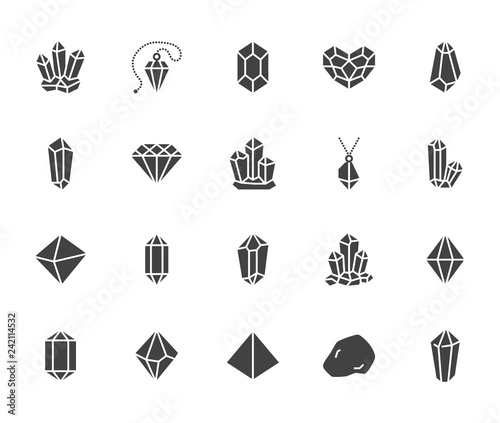 Crystals flat glyph icons set. Mineral rock, diamond shape, salt, abstract gemstone, magic crystal vector illustrations. Signs for geology or jewelry store. Solid silhouette pixel perfect 64x64