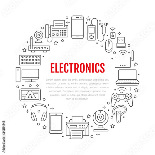 Electronics circle poster with flat line icons. Wifi internet connection technology signs. Computer, smartphone, laptop, fax, game controller, keyboard. Vector illustration for devices store brochure