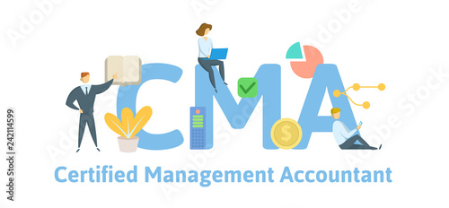 CMA, Certified Management Accountant. Concept with keywords, letters and icons. Colored flat vector illustration. Isolated on white background.