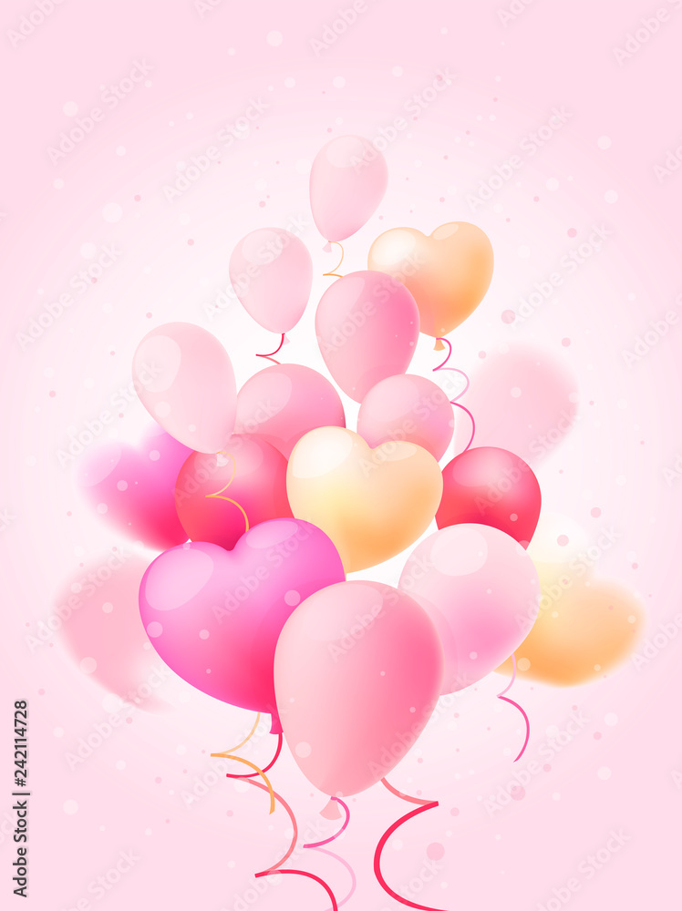 Gentle, pink balloons on a pink background for holidays and greetings. Vector, pink and yellow heart balloons.