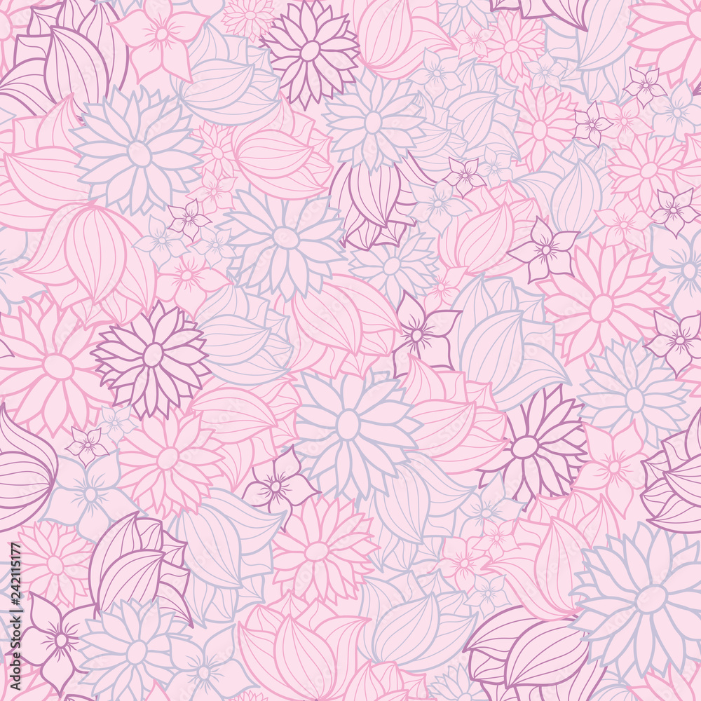 Vector floral seamless pattern background. This pink, blue and purple texture of overlapping flowers is perfect for fabric, gift wrapping paper, wallpaper.