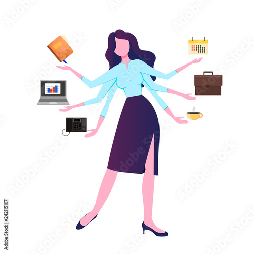 A modern woman with six arms performs many tasks simultaneously. Multitasking businesswoman at work. An active office manager, at the same time is engaged in many tasks, simultaneously performs severa