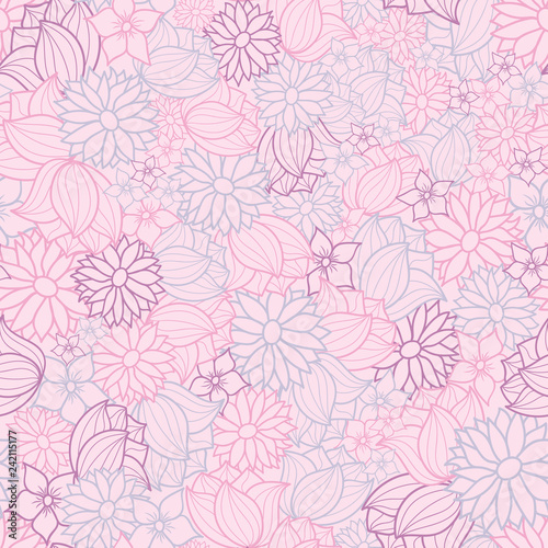 Vector floral seamless pattern background. This pink, blue and purple texture of overlapping flowers is perfect for fabric, gift wrapping paper, wallpaper.