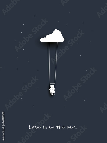 Valentine card vector template with boy and girl on a swing hanging from a cloud. Romantic love symbol, happiness.