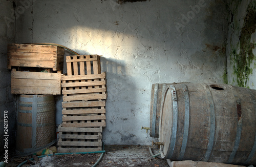 Interior detail of old abandoned wine cellar basement