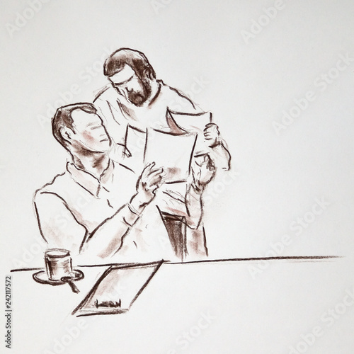Two men looking papers and discuss something in office - drawn pastel pencil graphic artistic illustration on paper