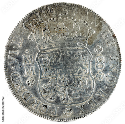 Ancient Spanish silver coin of the King Fernando VI. 1756. Coined in Mexico. 8 Reales. Obverse. photo